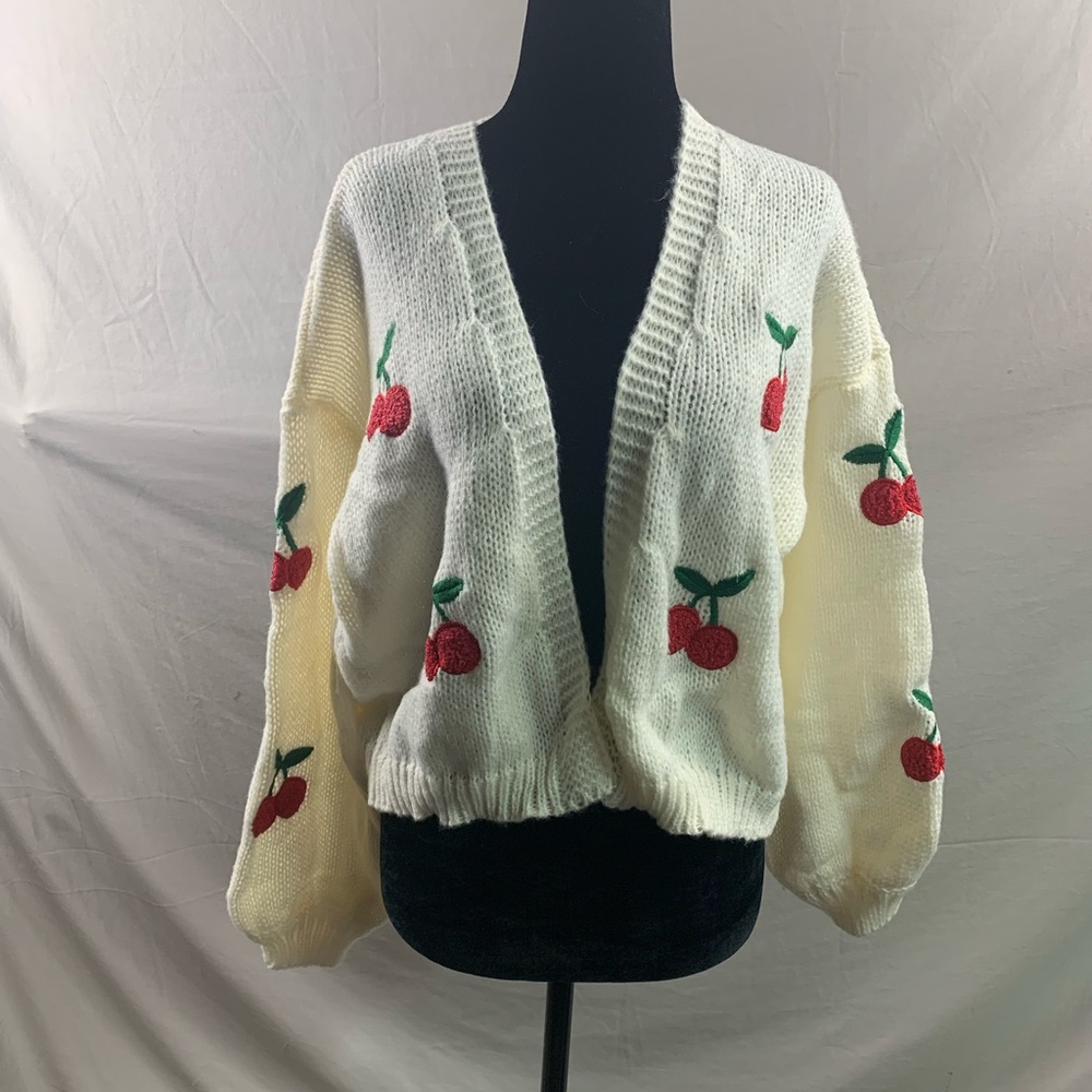 Cherry Embroidery Lantern Sleeve Cardigan - Picture 7 of 8